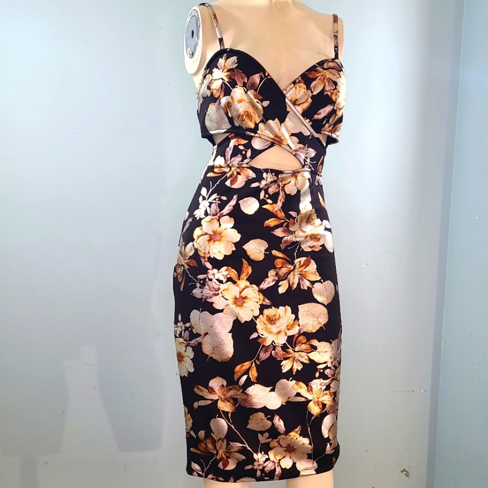 AKIRA Black & Gold Cutout Midi Dress, M